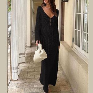 Commense V-neck Crochet Open Knit Long Sleeve Cover Up Long Sleeve Maxi Dress XL